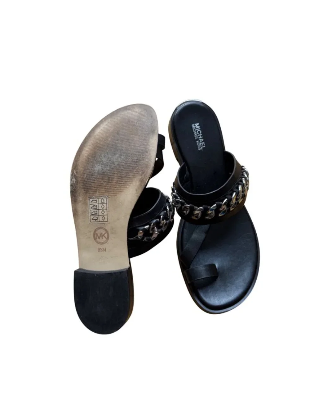Michael Kors Bergen Women's Flat Slide Sandals 8.5 Black Leather Silver Chain